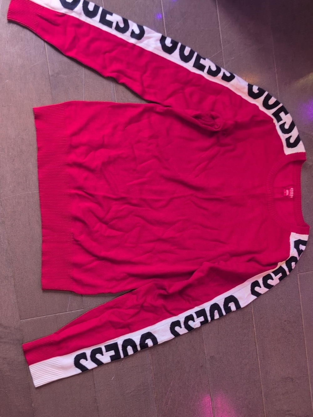 GUESS Red Crewneck Sweater with White Logo Tape